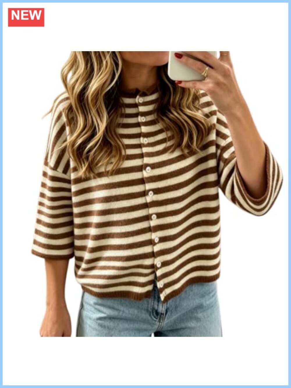 Women's 3/4 Sleeve Striped Cardigan Button Down Knitted Sweater Top